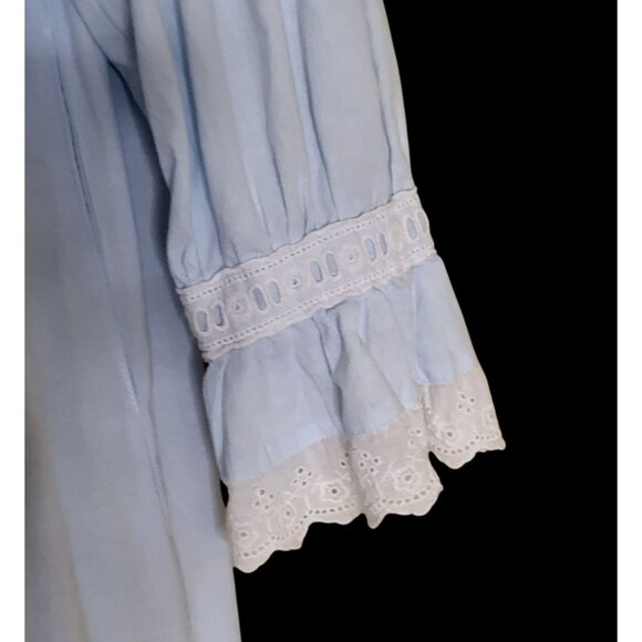 The 1 For U Long Modest Nightgown Size XS Light Blue Cotton White Eyelet Trim - Picture 3 of 7